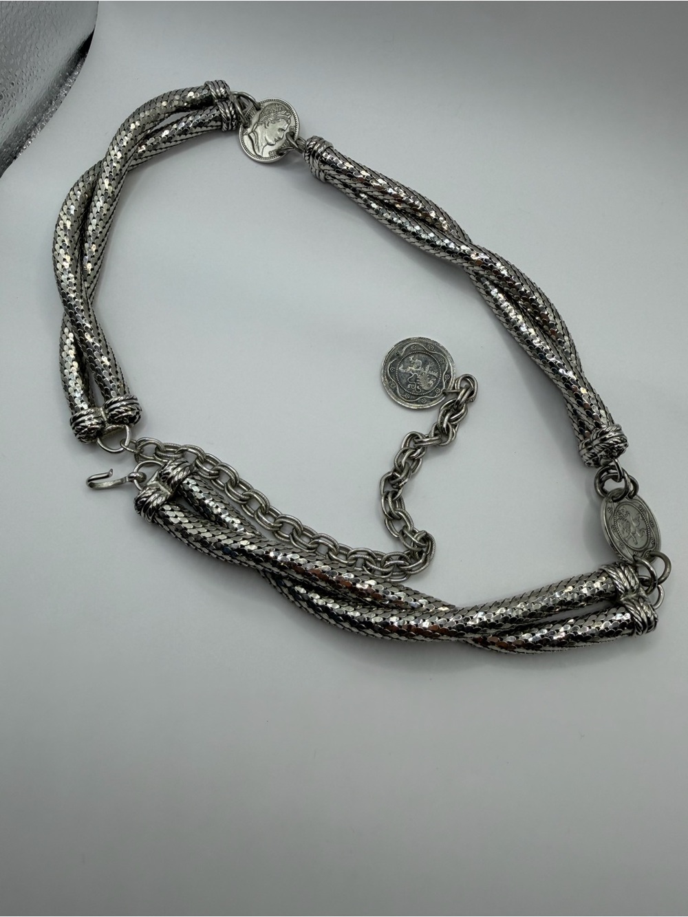 Whiting and Davis Mesh Silver Fishscale Roman Coin Whiting and Davis Chain Belt